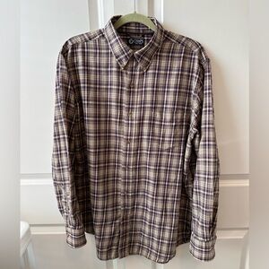 Chaps men’s sz L green tan black plaid button down long sleeve shirt EUC